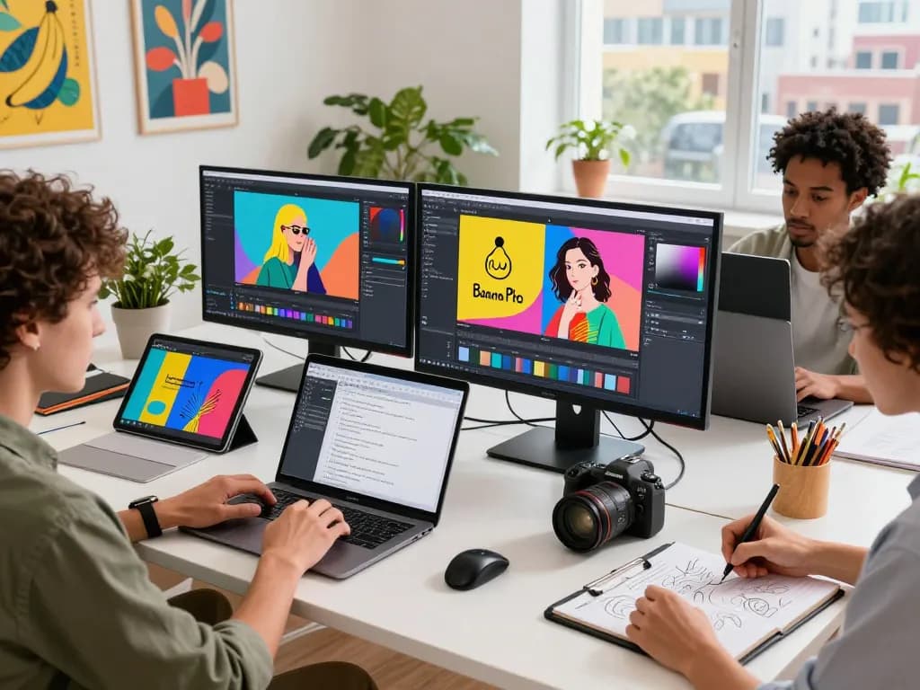 Dynamic workspace focusing on creators using the Nano Banana Pro AI image editor for collaborative projects.