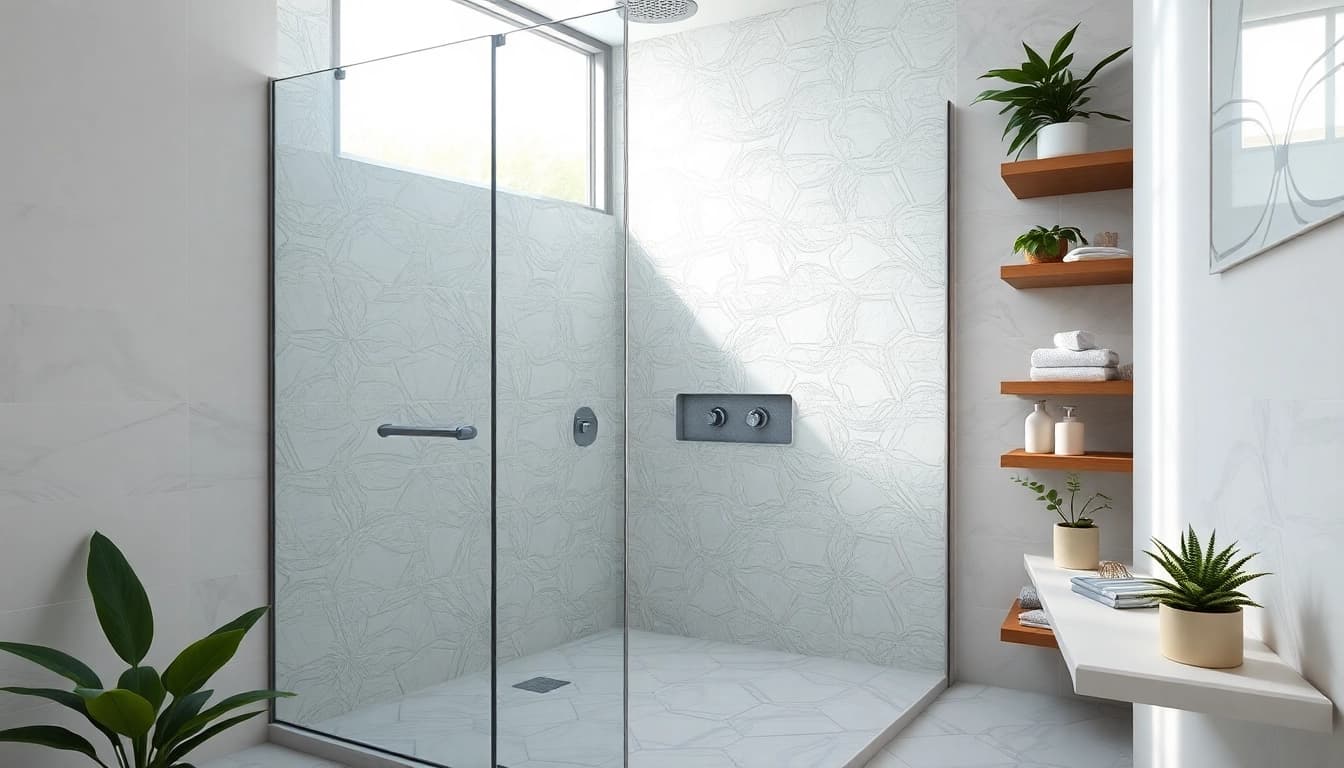 A stunning wet room shower featuring a glass enclosure and intricate tile patterns, illuminated by natural light.