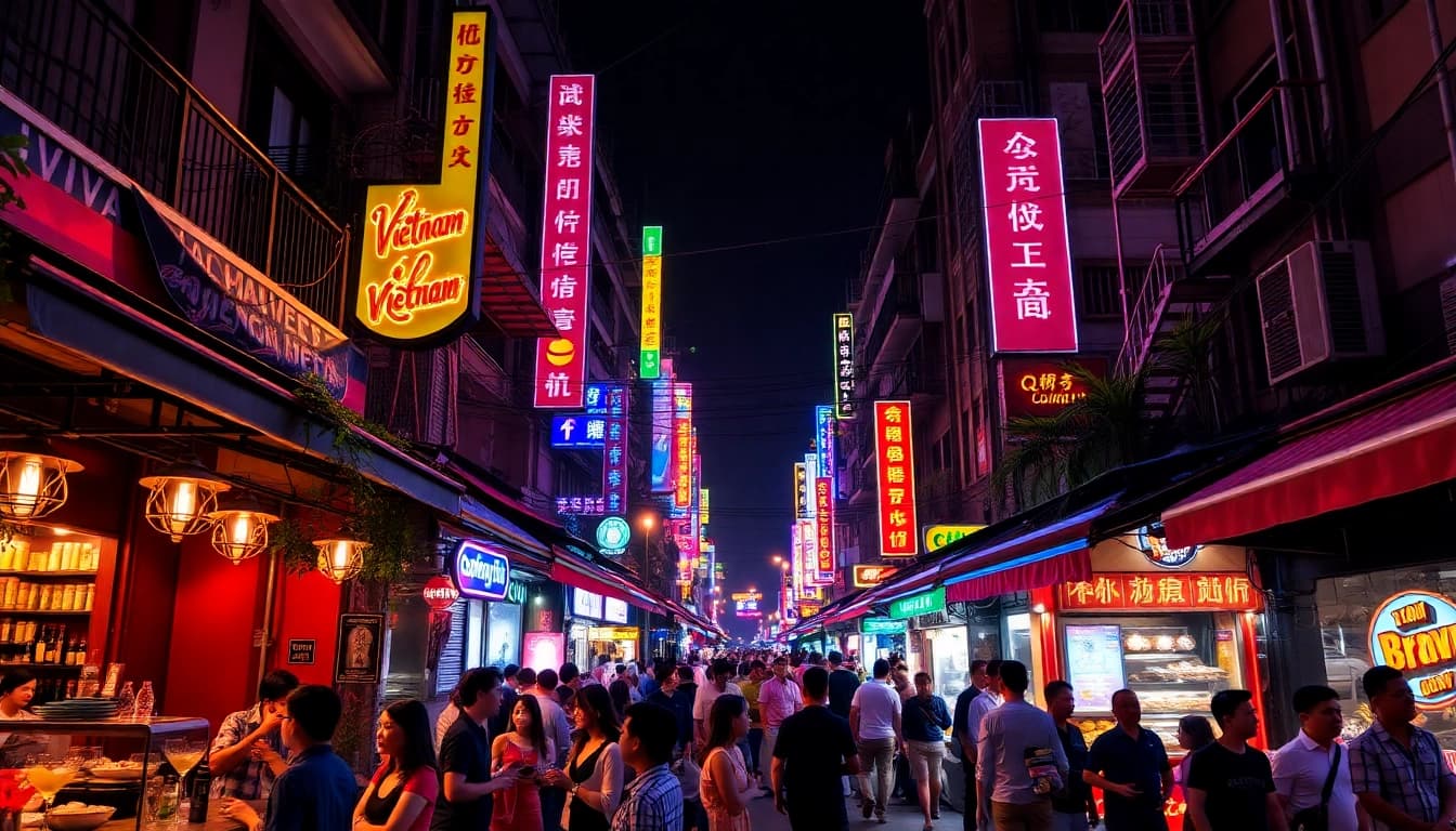 Experience the vibrant 베트남밤문화 scene with lively nightlife and neon lights.