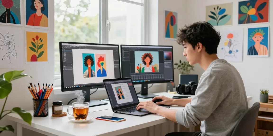 An artist utilizing the image to prompt generator in a creative workspace, surrounded by vibrant art supplies and AI-generated outputs.