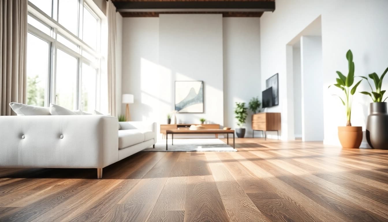 Install waterproof vinyl flooring in a modern living room, emphasizing texture and light.