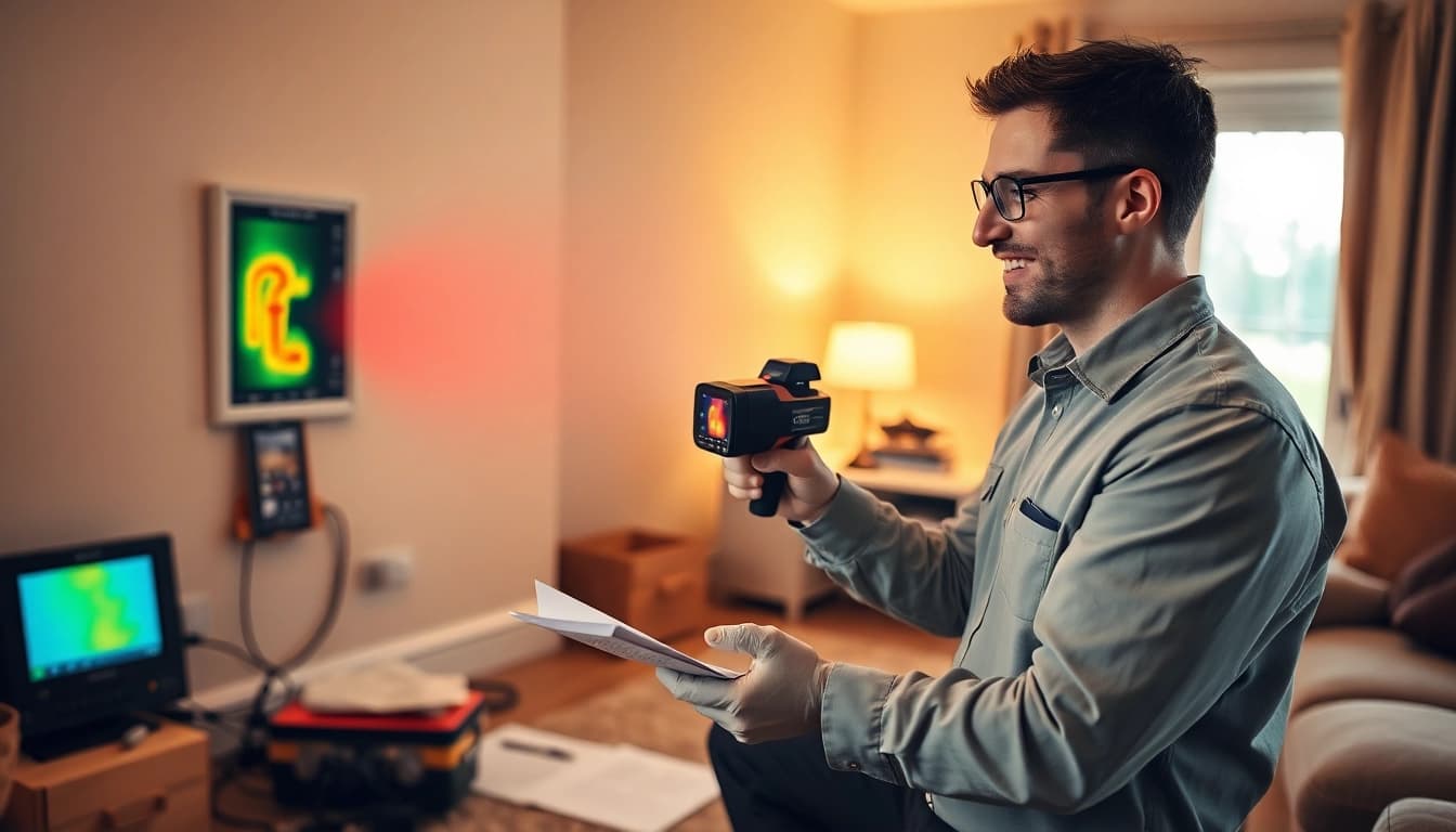 Technician detecting central heating hidden leak using thermal imaging technology.