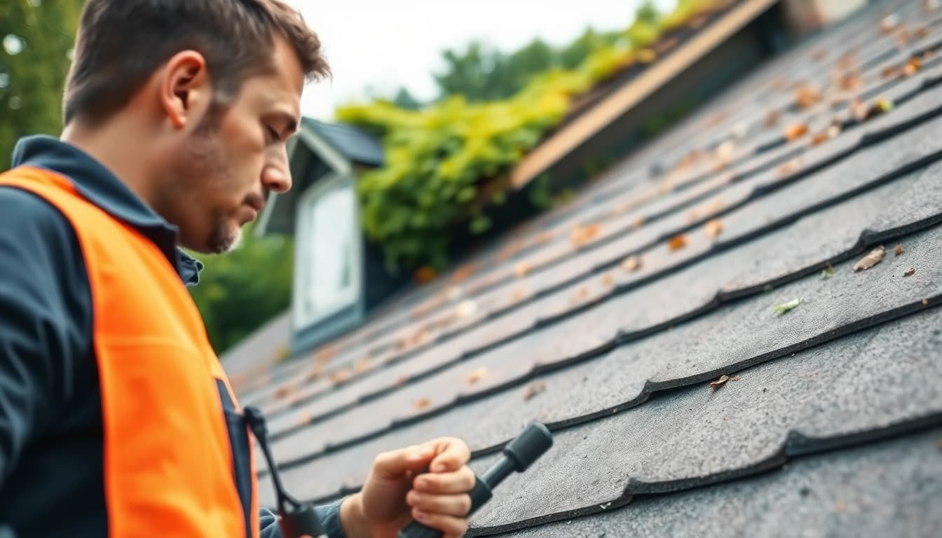 Diagnosing spray foam roof problems with an expert on a residential rooftop.