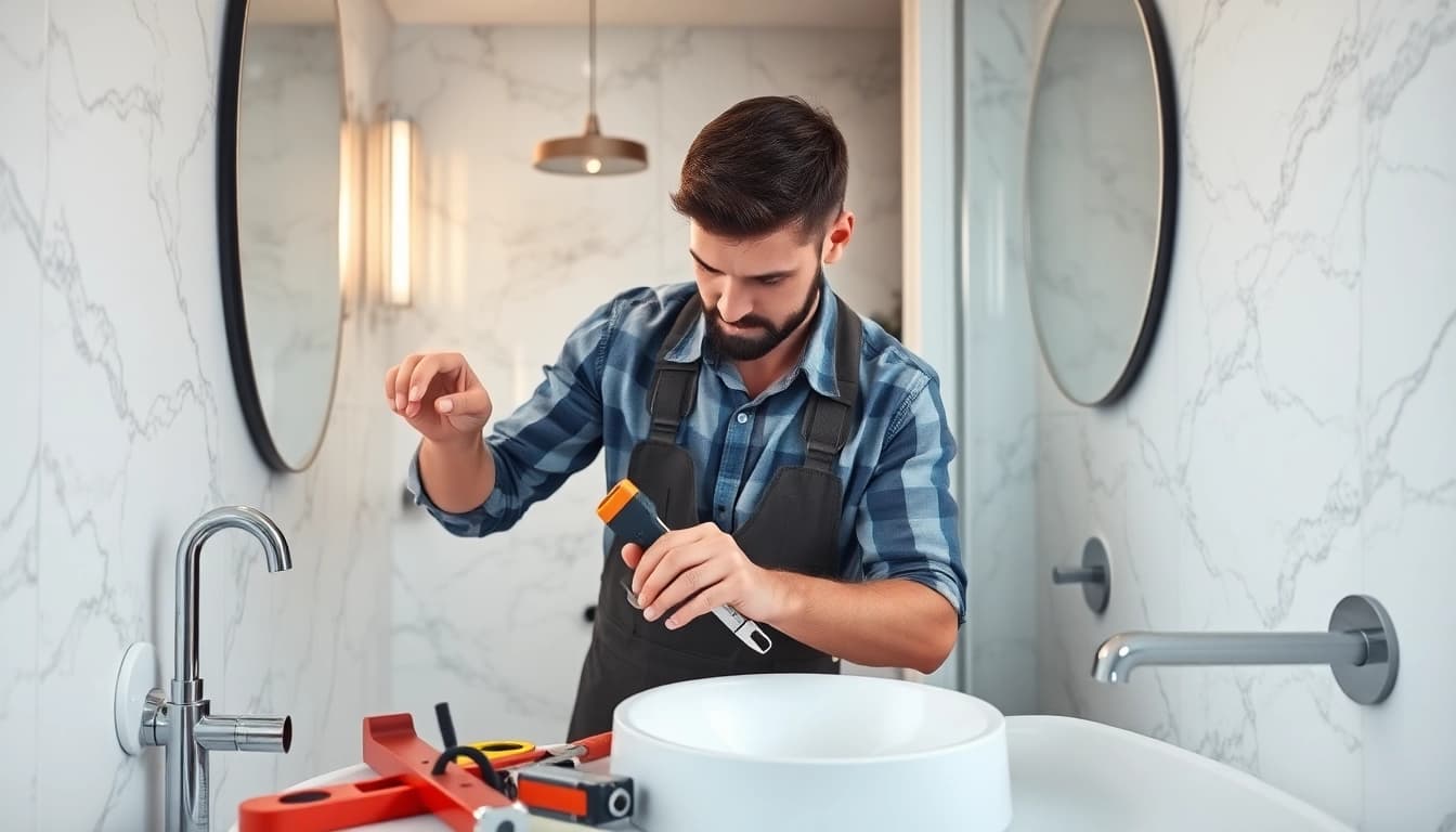 Manchester bathroom fitters expertly renovating a stylish bathroom with quality tools.