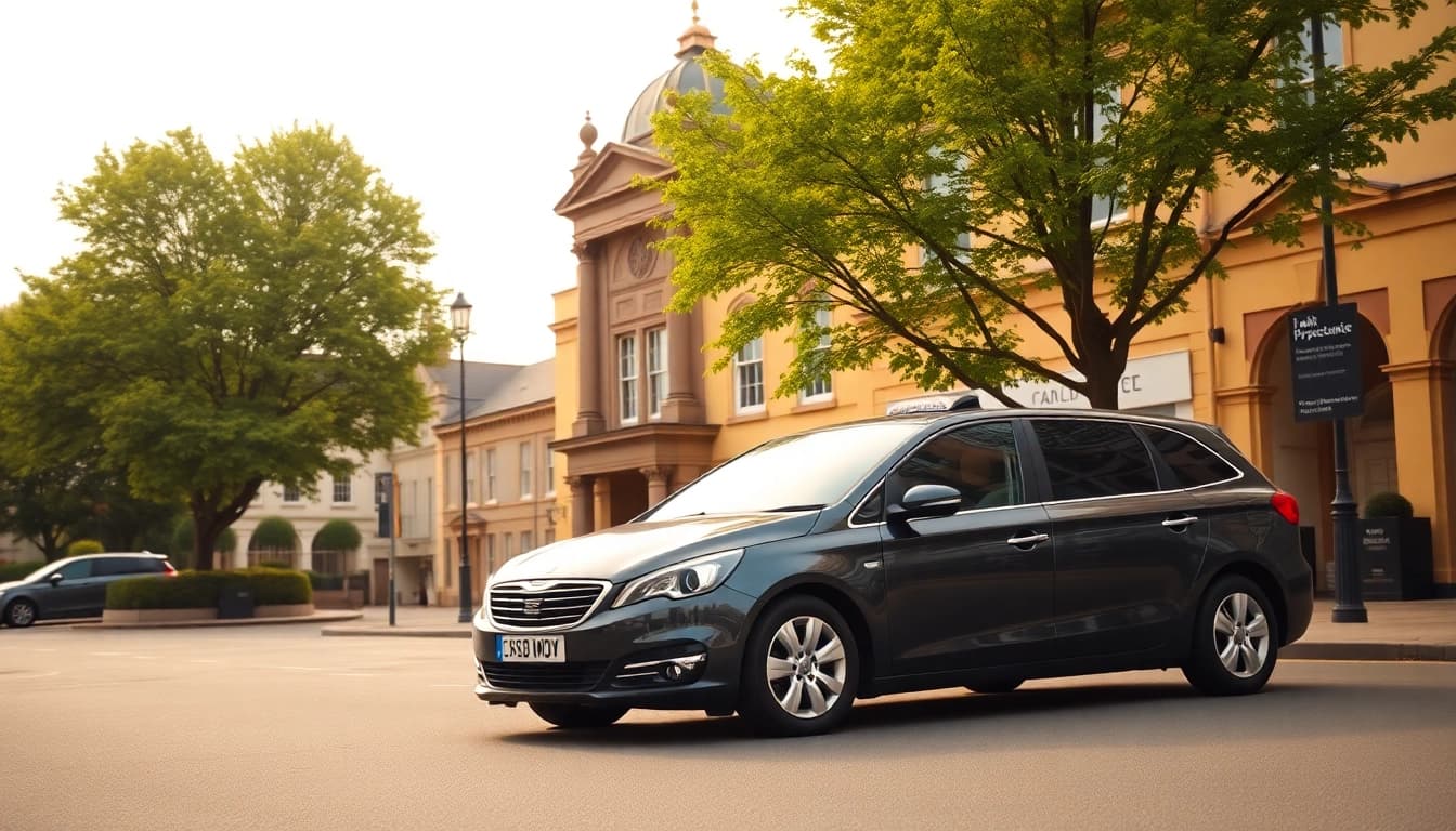 Reliable taxi service in Hersham, featuring a prominent cab near a local landmark.