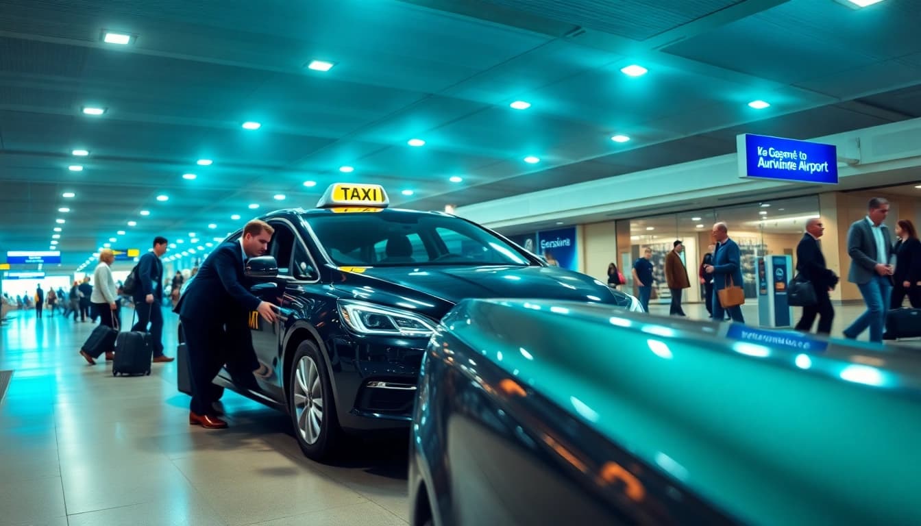 Efficient taxi service at Gatwick Airport assisting travelers with luggage.