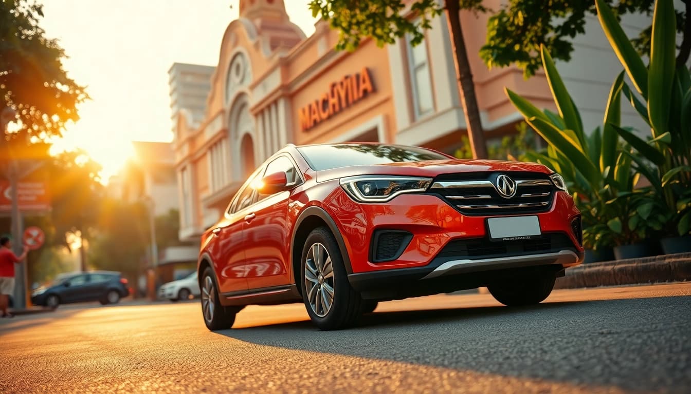 Car rental at Kuching with a well-maintained vehicle in a vibrant street scene