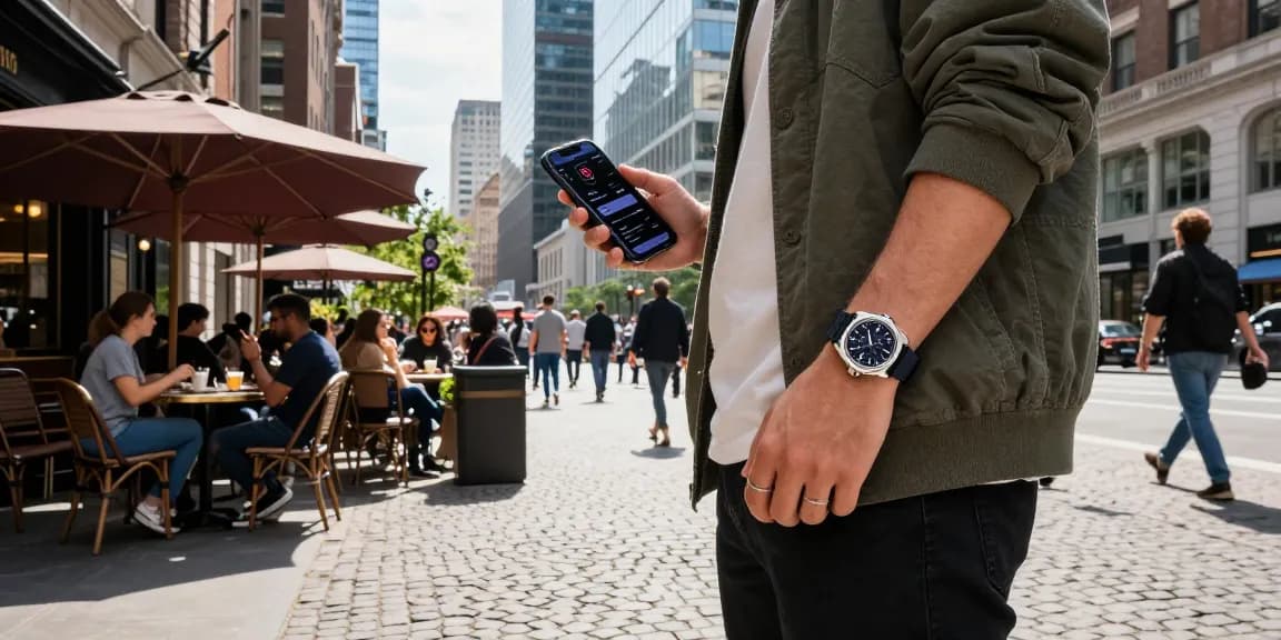 A stylish individual showcasing luxury clone watches in a bustling city square, embodying urban culture and craftsmanship.