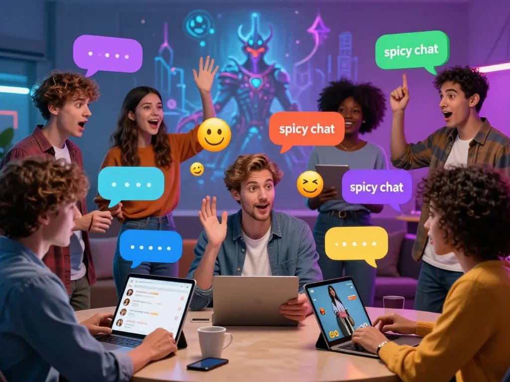 Vibrant spicy chat scene with diverse individuals engaged in lively discussions on digital devices.