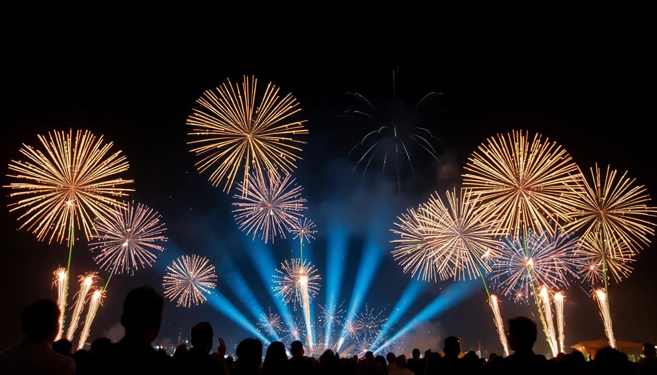 Diamond fireworks illuminating the night sky with vibrant colors during a festive celebration.