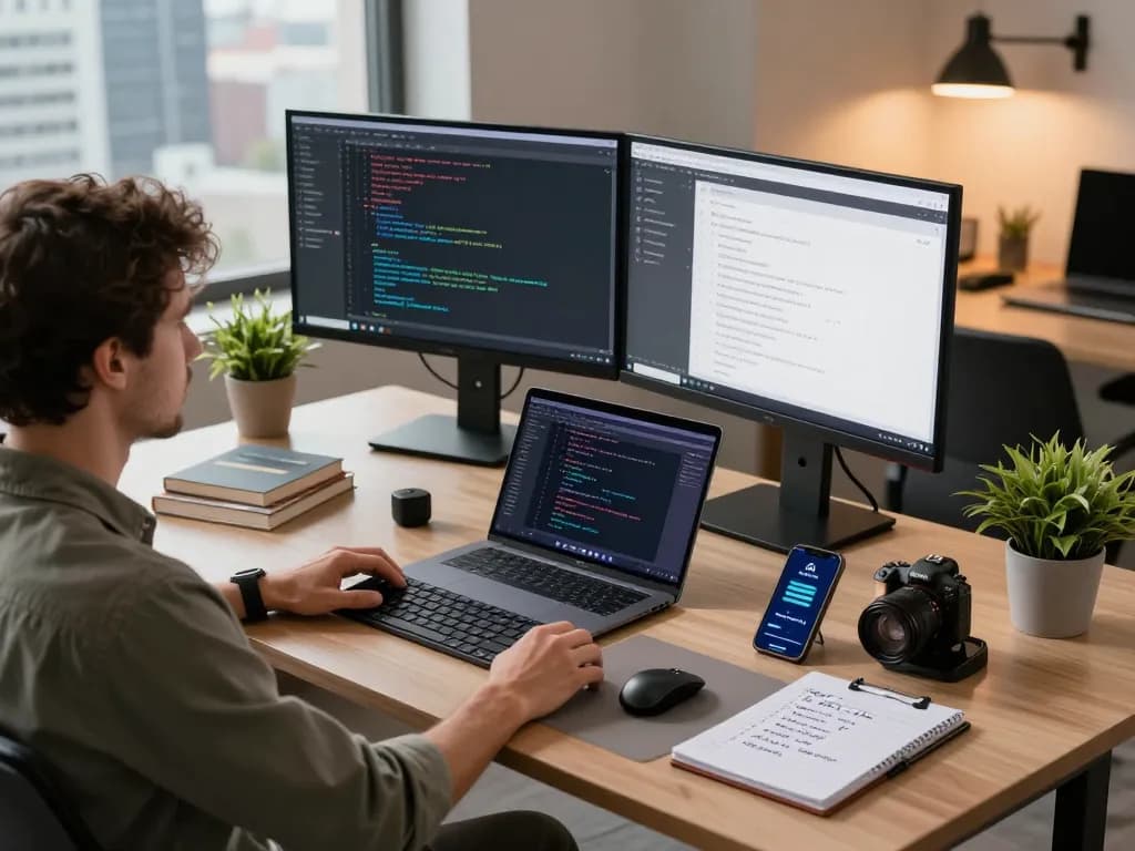 Developer using the Open Claw AI assistant in a modern workspace with tech tools.