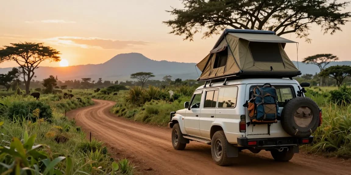 Car hire Uganda adventure with traveler in 4x4 SUV exploring lush landscapes.
