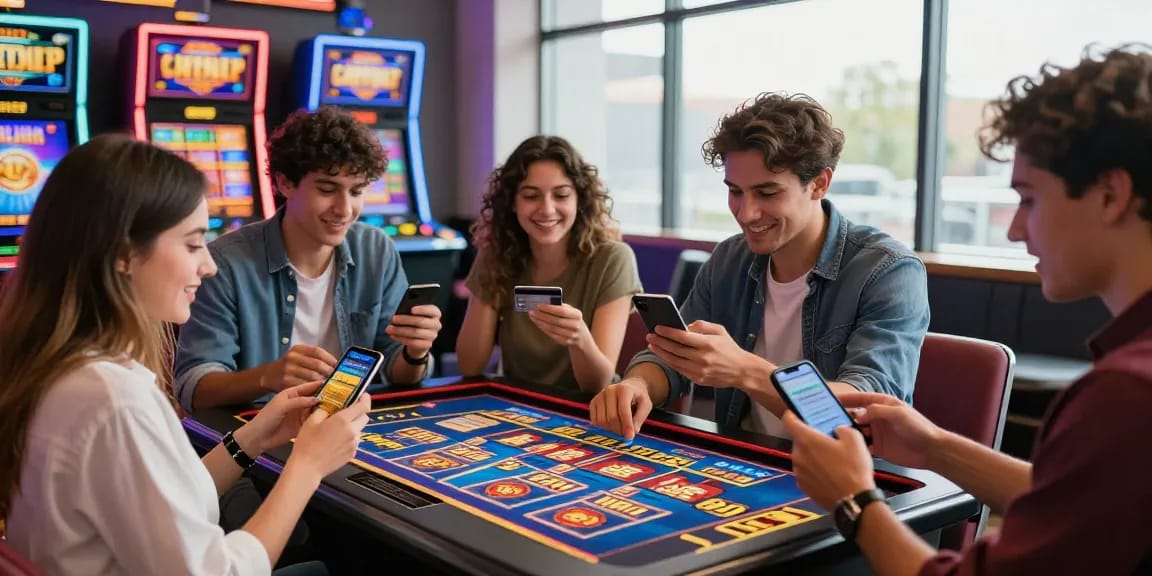 Friends enjoying a win at a credit card casino, celebrating with smartphones and various credit cards, highlighting https://transact.org.uk.