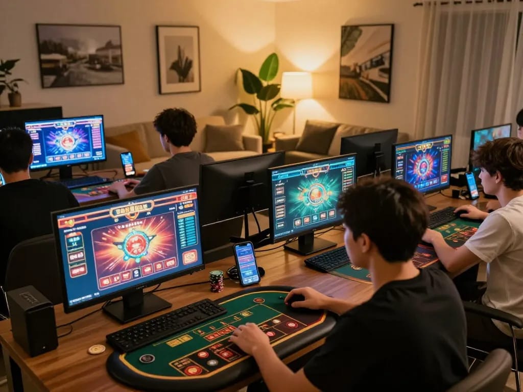 FLY88 users enjoying an immersive online casino experience with vibrant game interfaces and cozy ambiance