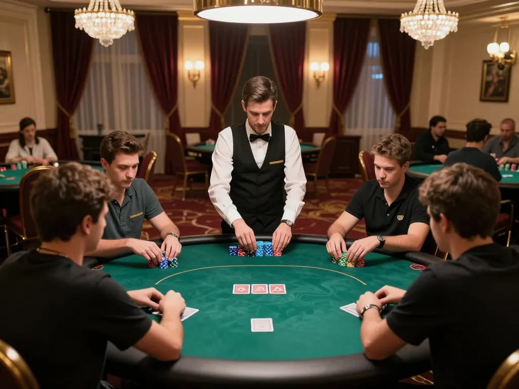 Players engaging in a strategic poker game at jun88 casino, showcasing intense gameplay and an upscale environment.