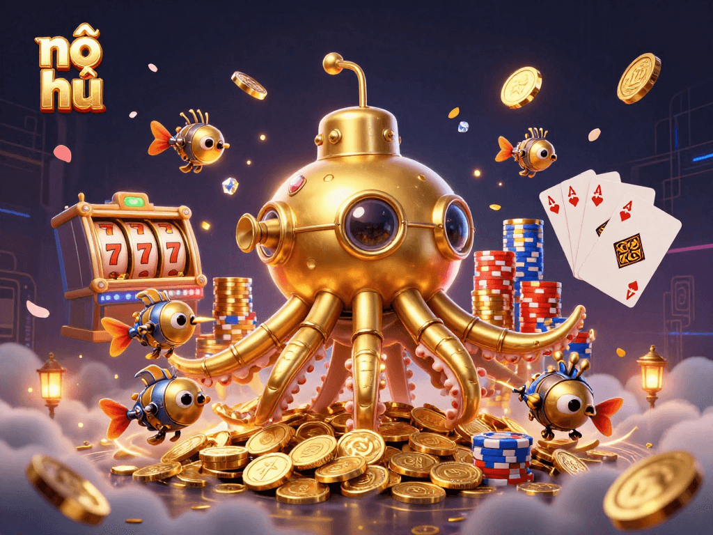 Nổ hũ shines as the golden kraken submarine explores a treasure of coins and slot machines.