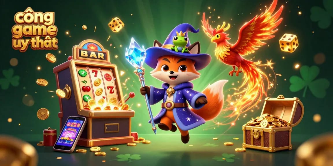 Experience thrilling wins at cổng game uy tín with dynamic 3D casino illustration featuring magical characters and games.