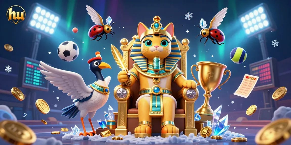 Cá pharaoh hoàng gia hu ngồi trên ngai vàng giữa không gian giải trí thể thao sôi động.