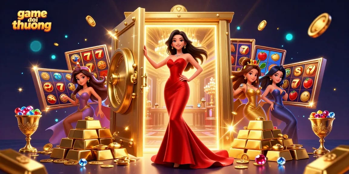 Engaging game doi thuong scene with a stunning woman in a casino doorway, reflecting opulence and excitement.