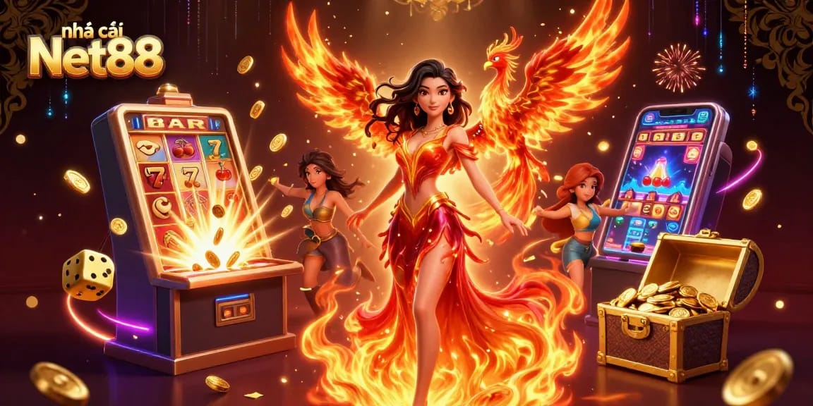 Play with excitement at nhà cái Net88, featuring vibrant characters and dynamic casino elements.