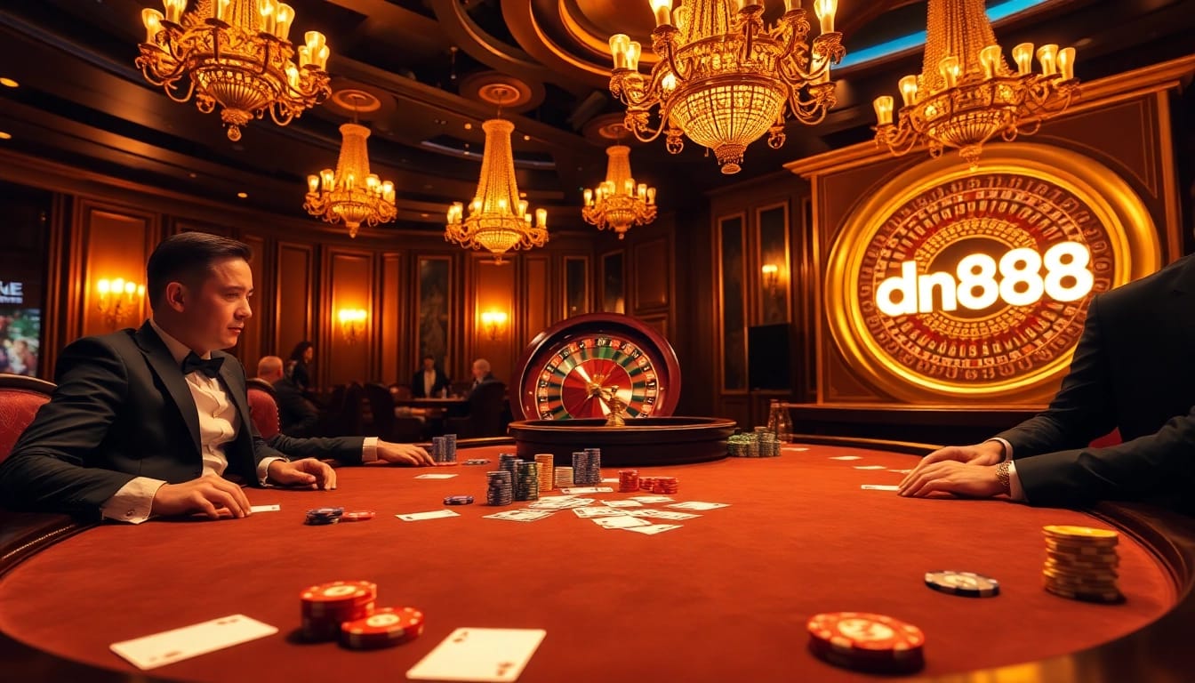 Experience the thrill of high-stakes poker at dn888 with colorful chips and cards on a luxurious table.