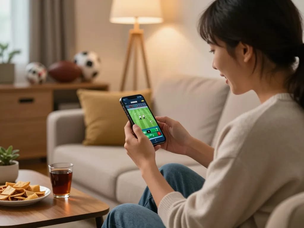 Engaging moment of trang cá cược bóng đá with a person placing a bet via smartphone in a cozy living room.