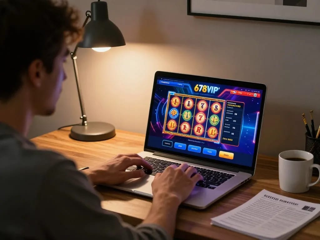 Player enjoying 678VIP's online casino gaming, showcasing an engaging home office setup.