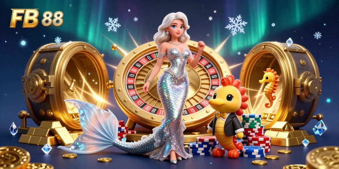 Experience the thrill of the casino with FB 88 featuring a glamorous woman, roulette wheel, and sparkling treasures.
