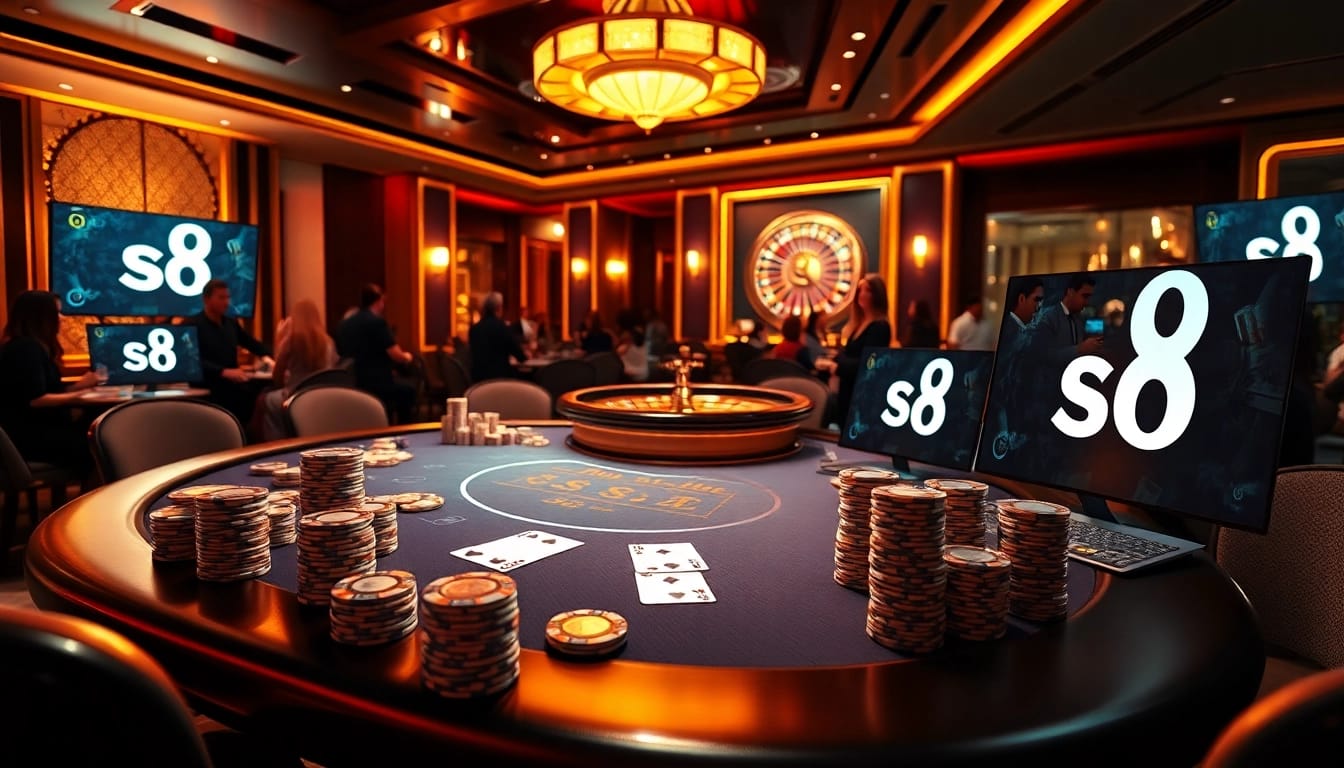 Experience the thrill of high-stakes gambling at an elegant poker table in a luxury casino setting with s8.