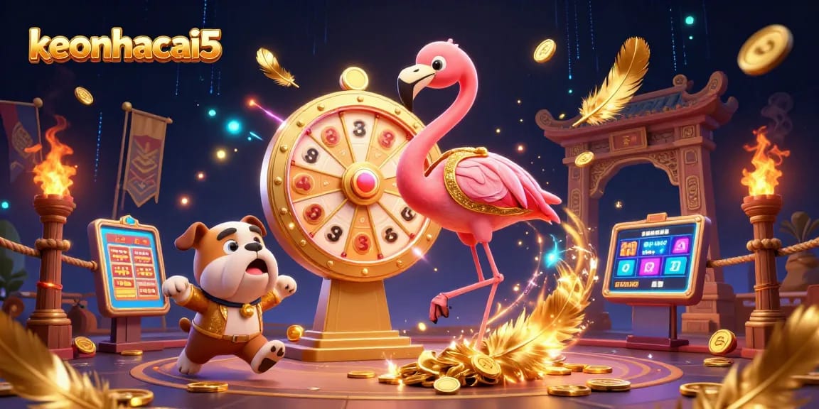 Engage with keonhacai5 in a vibrant casino scene featuring a 3D game show host, excited bulldog contestant, and prize reveal.