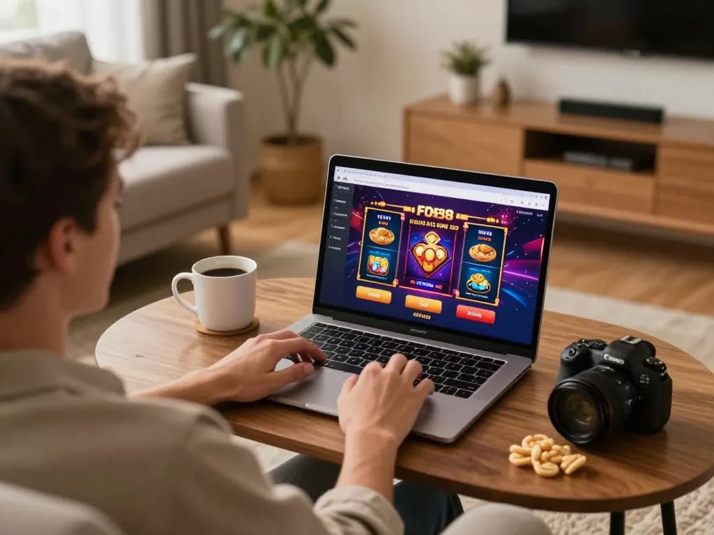 Player enjoying online gaming at FO88 with vibrant graphics and cozy home setting.