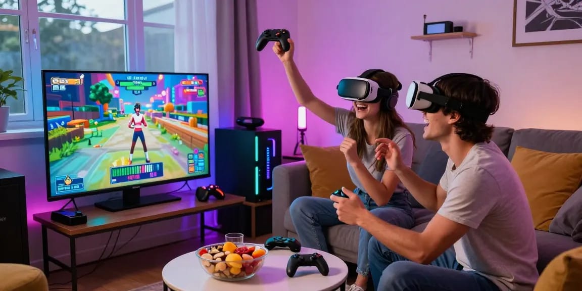 Exciting interactive gaming moment with real porn game on a big screen.