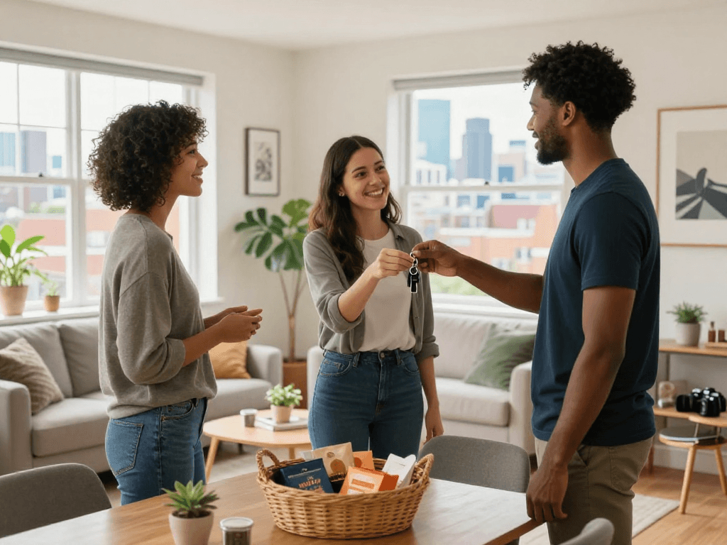 airbnb management bristol host welcoming guests into a stylish two-bedroom apartment in Bristol, highlighting a warm, inviting atmosphere.
