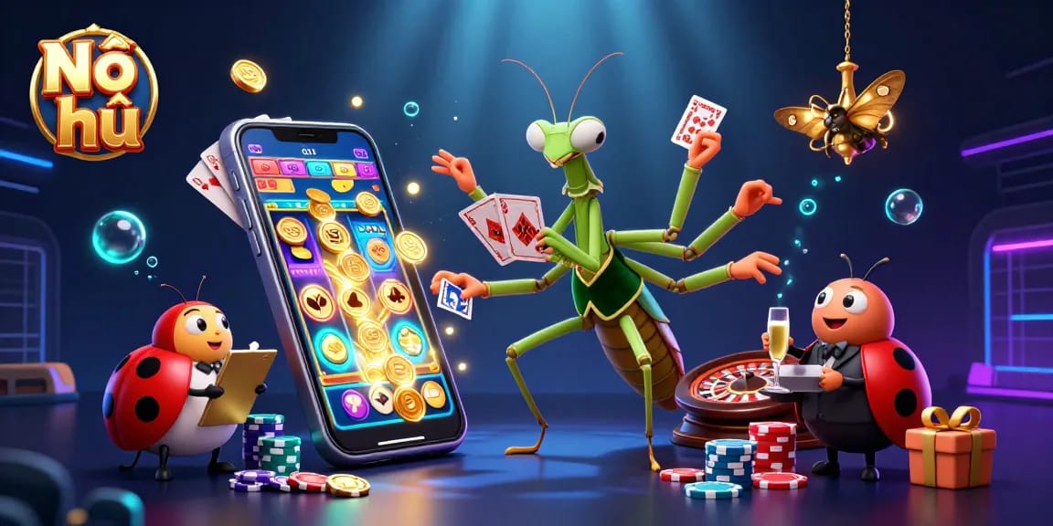 Engage with Nổ hũ in a vibrant 3D casino scene filled with exciting slot game elements and dynamic characters.