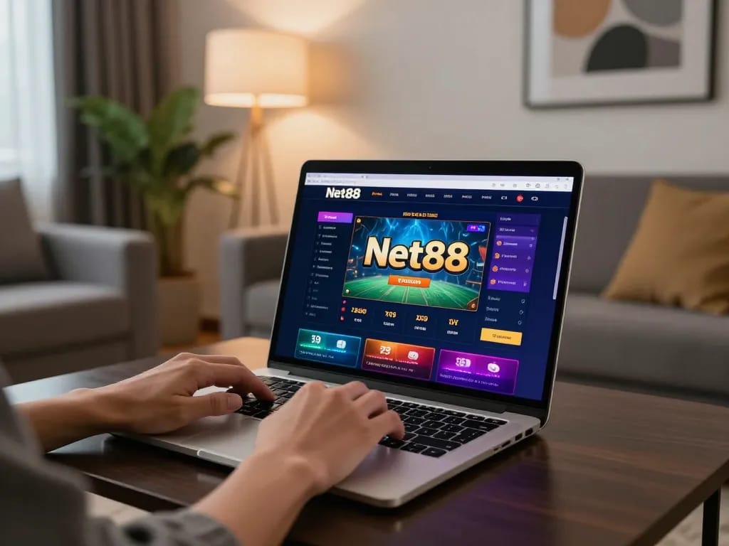 Engaging in online gaming at nhà cái Net88, showcasing vibrant casino interface and cozy atmosphere.