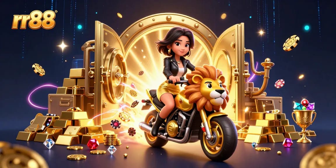 Experience the excitement of rr88 with a glamorous Asian woman and golden lion, surrounded by treasures.