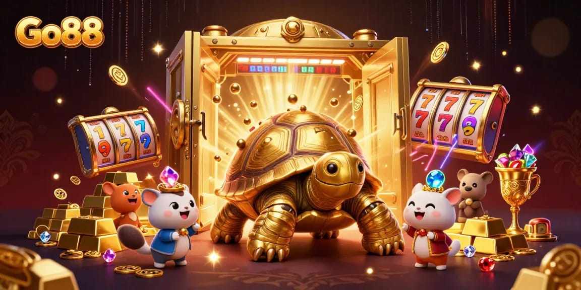 Go88 inspires excitement as players anticipate a jackpot in a vibrant 3D casino scene.