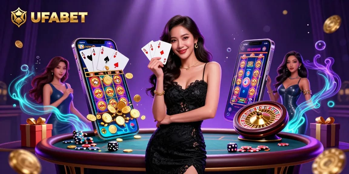 Engage in thrilling gaming with UFABET at a luxurious casino setup showcasing vibrant slot action.