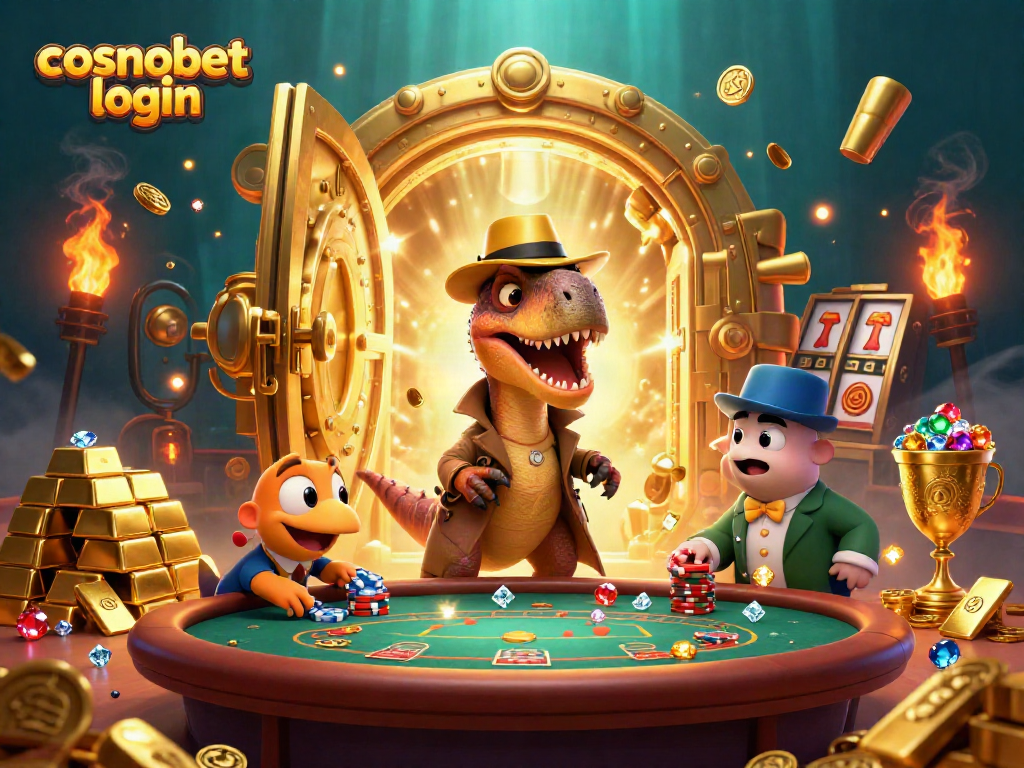 Engage with the thrilling cosmobet login experience at a dynamic casino scene with animated characters.
