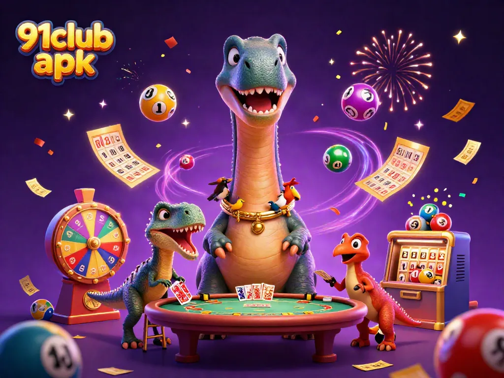 Win big with 91club apk in this vibrant 3D casino gaming scene filled with lottery and card games.