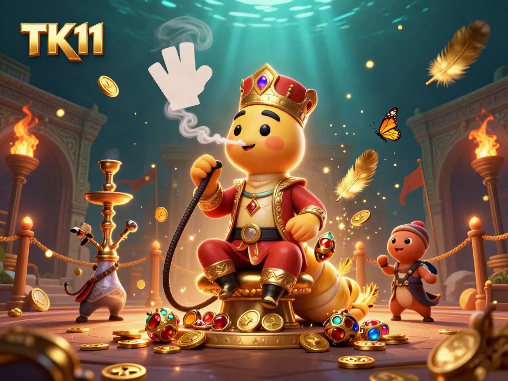 Engage in the vibrant casino world of TK11 with a 3D illustration featuring playful characters and gambling elements.