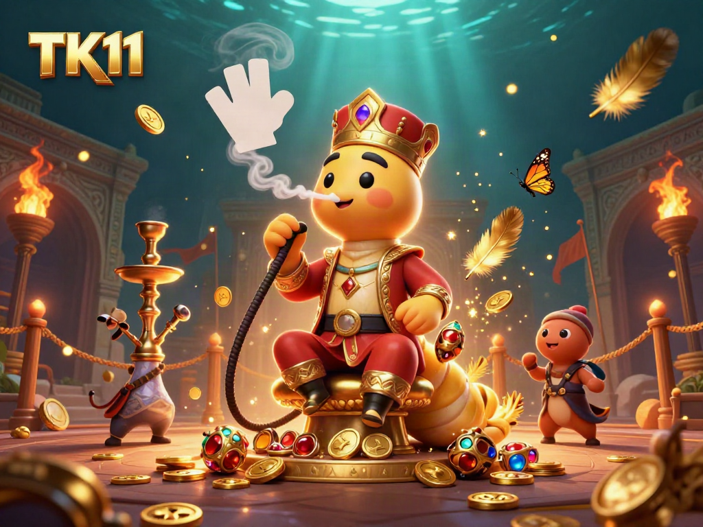 Engage in the vibrant casino world of TK11 with a 3D illustration featuring playful characters and gambling elements.
