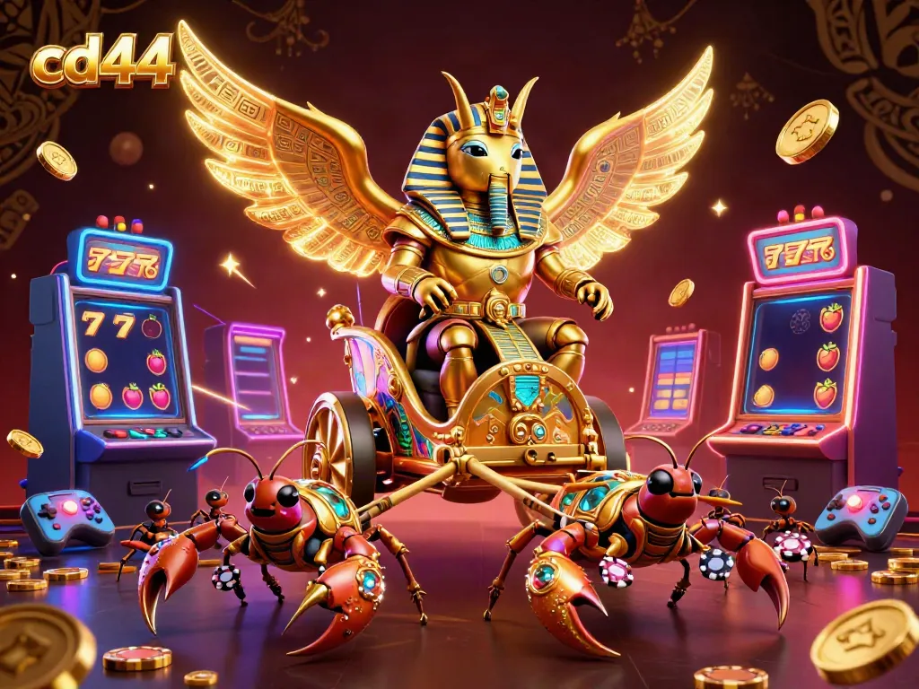 Engage with cd44's thrilling casino experience featuring a golden scarab and slot machines.