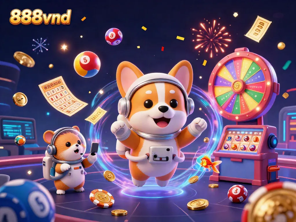 Experience the excitement of 888vnd with floating casino elements and vibrant characters in space.