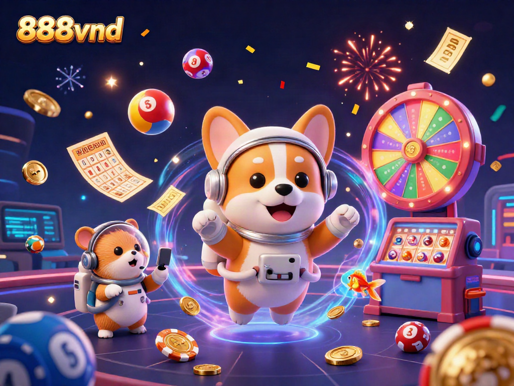 Experience the excitement of 888vnd with floating casino elements and vibrant characters in space.
