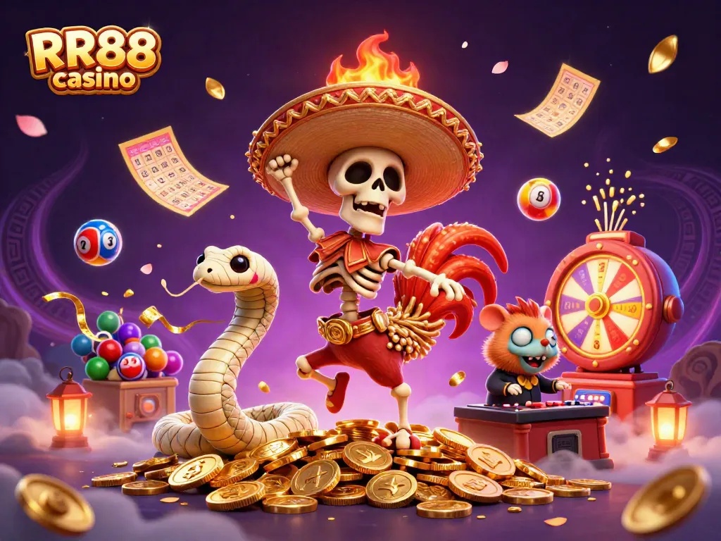 RR88 casino offers vibrant gaming excitement with skeleton mariachi characters celebrating in a dynamic, colorful scene.