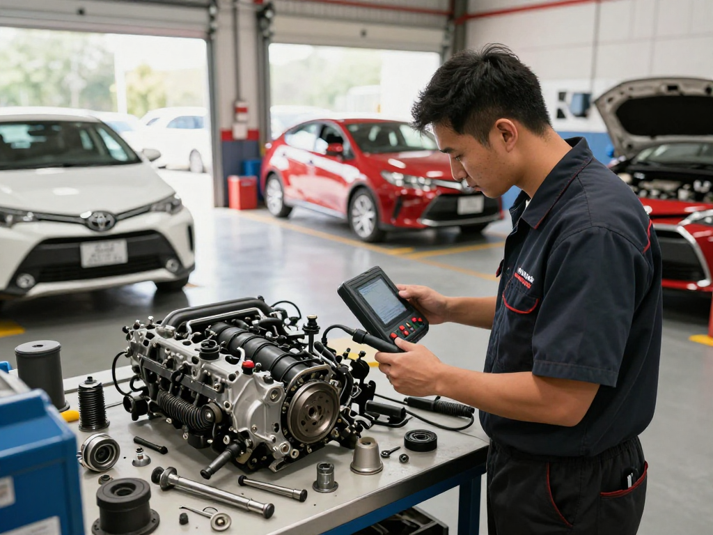 Toyota engine for sale showcased by a mechanic in a professional automotive garage.