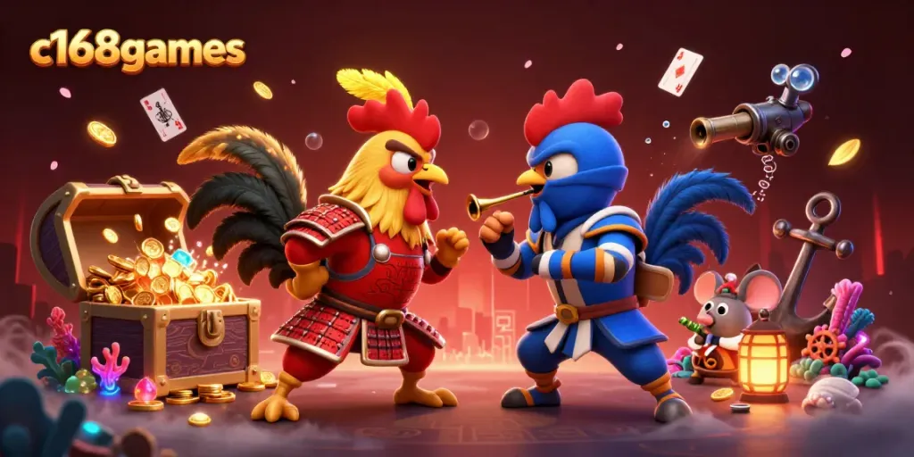 Experience thrilling encounters with c168games' fighting roosters in a vibrant casino scene.