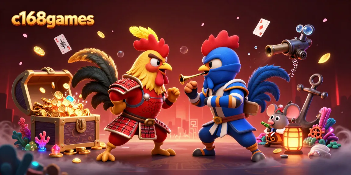 Experience thrilling encounters with c168games' fighting roosters in a vibrant casino scene.