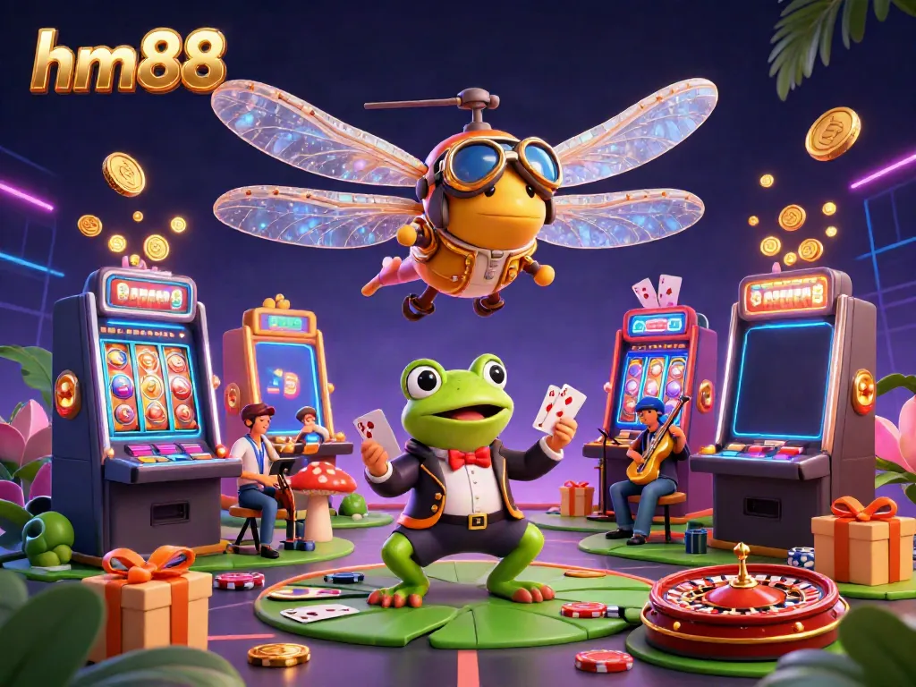Engage in exciting card games at hm88, featuring a vibrant casino scene with a frog croupier and lively musicians.
